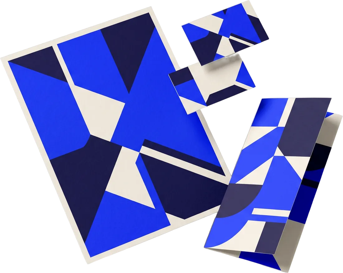 Cartel, tarjetas y folleto con composiciones gráficas en azul